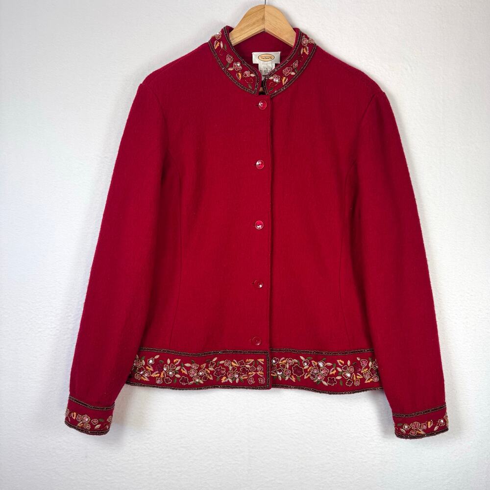 VINTAGE TALBOTS Red Boiled Wool Beaded Embroidered Sweater Jacket Size Large